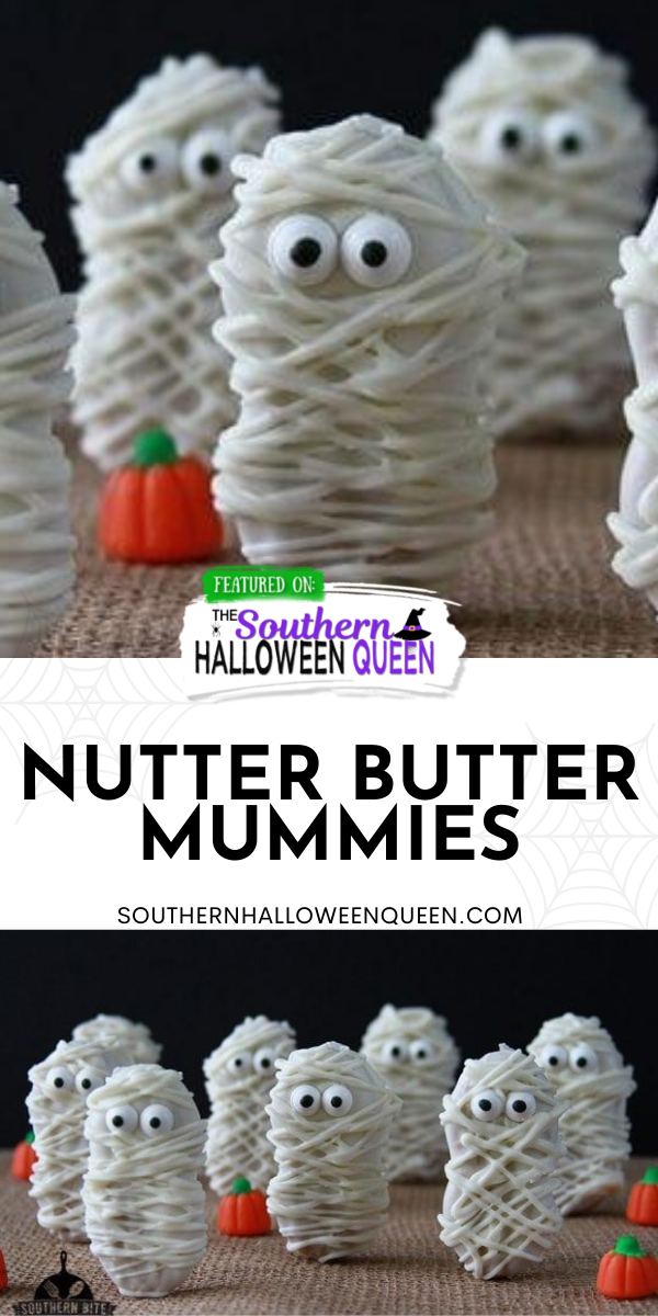 Nutter Butter Mummies - Not only are these little Nutter Butter Mummies cute, but they are incredibly easy, too!  All are a few ingredients and you’ll have some neat treats for your little ghosts and goblins in no time. via @southernhalloweenqueen