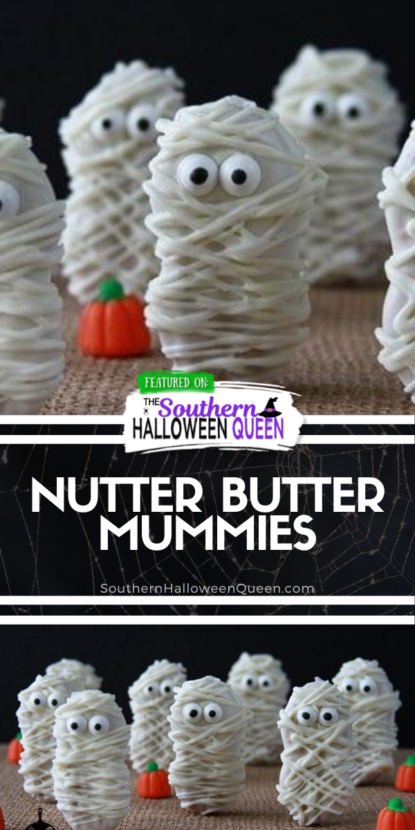 Nutter Butter Mummies - Not only are these little Nutter Butter Mummies cute, but they are incredibly easy, too!  All are a few ingredients and you’ll have some neat treats for your little ghosts and goblins in no time. via @southernhalloweenqueen