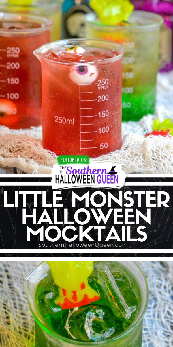 Do you want your Halloween party to set the bar and impress all the guests, then you want our recipes for Little Monster Halloween Mocktails. A sweet, layered, festive drink- these will appeal to all of your guests! via @southernhalloweenqueen