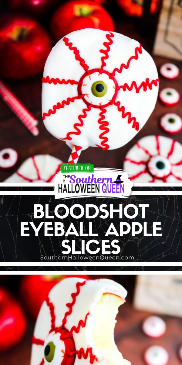 Bloodshot Eyeball Apple Slices - Love Chocolate Apples but don't want to dip tons of them for a party? These Bloodshot Eyeball Apple Slices are the answer to your problems! Just as tasty and oh so spooky when decorated to look like bloodshot eyeballs!  via @southernhalloweenqueen