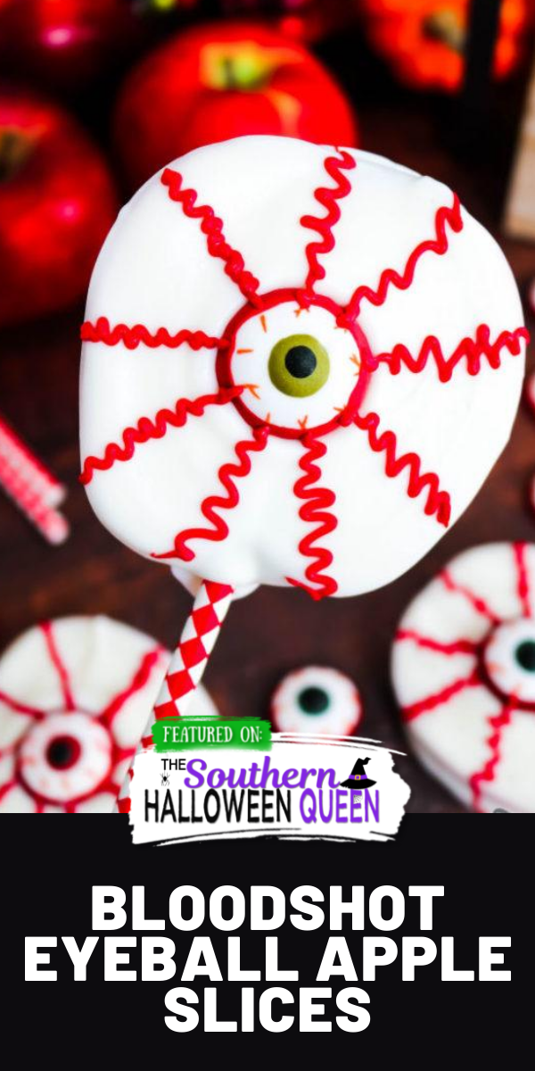 Bloodshot Eyeball Apple Slices - Love Chocolate Apples but don't want to dip tons of them for a party? These Bloodshot Eyeball Apple Slices are the answer to your problems! Just as tasty and oh so spooky when decorated to look like bloodshot eyeballs!  via @southernhalloweenqueen