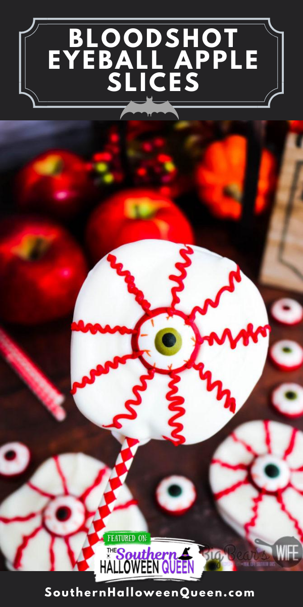 Bloodshot Eyeball Apple Slices - Love Chocolate Apples but don't want to dip tons of them for a party? These Bloodshot Eyeball Apple Slices are the answer to your problems! Just as tasty and oh so spooky when decorated to look like bloodshot eyeballs!  via @southernhalloweenqueen