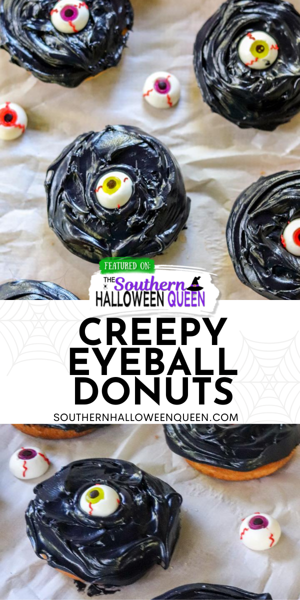 Creepy Eyeball Donuts - The vanilla donuts have been been given a Halloween makeover and transformed into Creepy Eyeball Donuts that are sure to keep an eye on your party guests!  via @southernhalloweenqueen