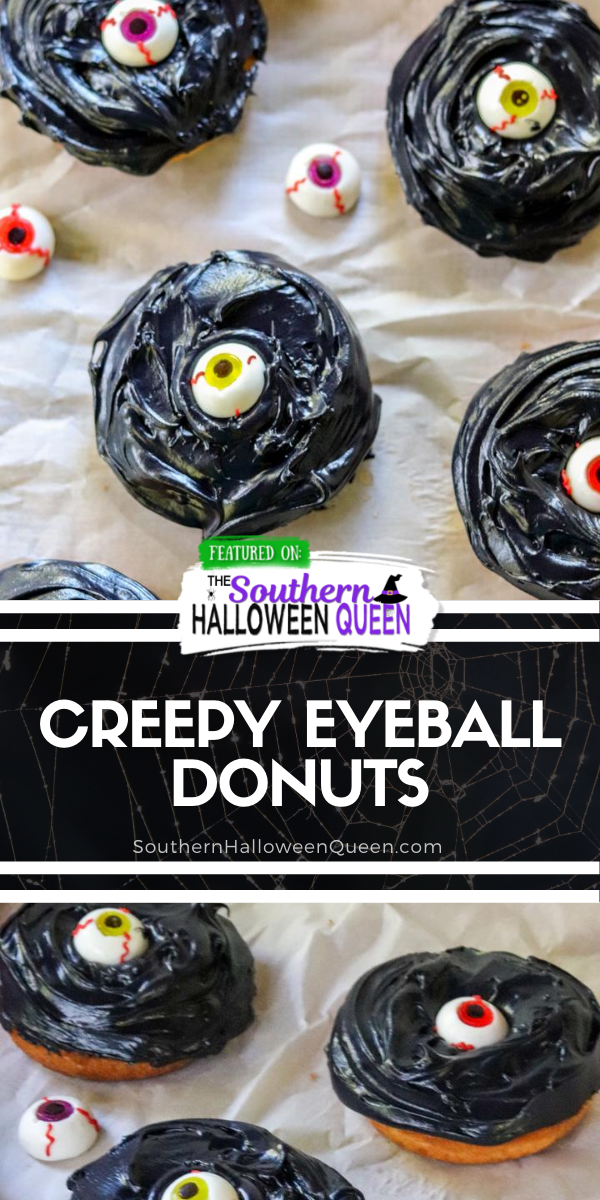 Creepy Eyeball Donuts - The vanilla donuts have been been given a Halloween makeover and transformed into Creepy Eyeball Donuts that are sure to keep an eye on your party guests!  via @southernhalloweenqueen