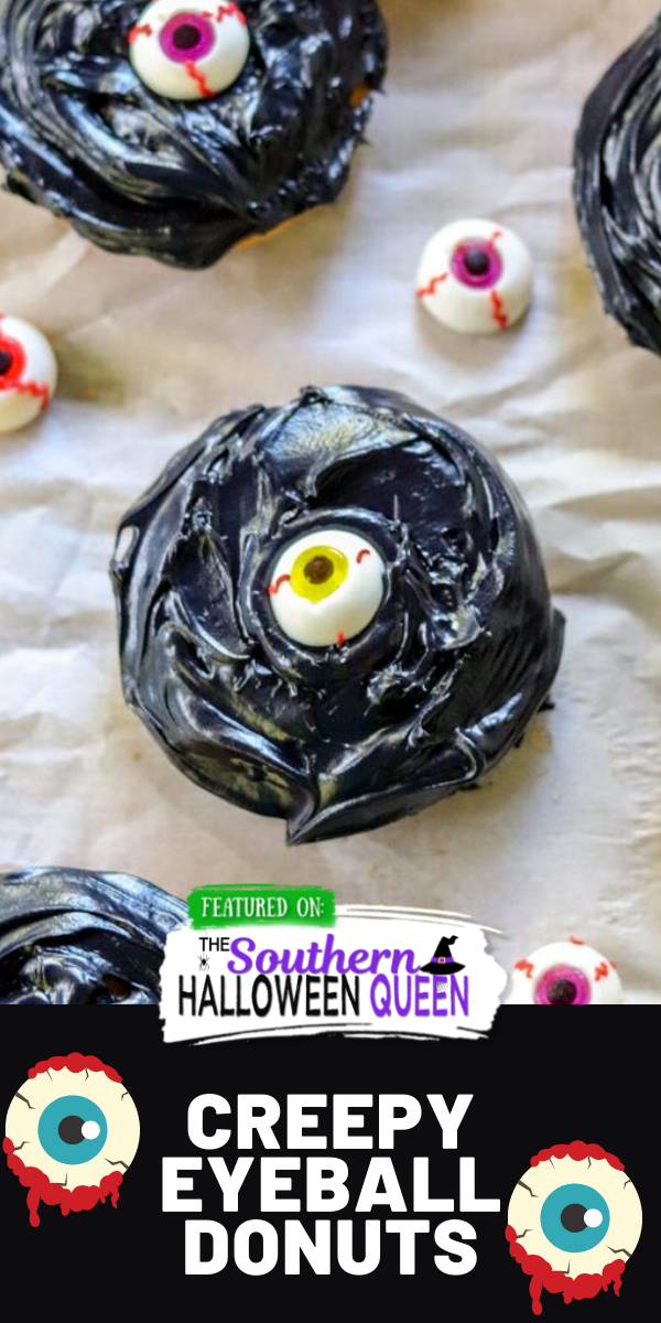Creepy Eyeball Donuts - The vanilla donuts have been been given a Halloween makeover and transformed into Creepy Eyeball Donuts that are sure to keep an eye on your party guests!  via @southernhalloweenqueen