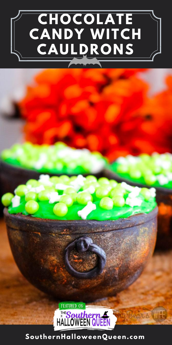 These Chocolate Candy Witch Cauldrons can hold all kinds of treats for your wicked little witches and warlocks! These cauldrons are filled with brownie bites, icing and topped with a witches brew of bone and bubble sprinkles!  via @southernhalloweenqueen