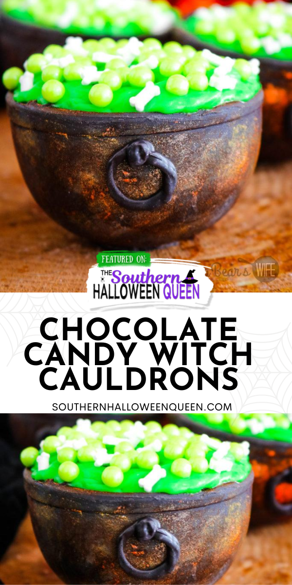 These Chocolate Candy Witch Cauldrons can hold all kinds of treats for your wicked little witches and warlocks! These cauldrons are filled with brownie bites, icing and topped with a witches brew of bone and bubble sprinkles!  via @southernhalloweenqueen