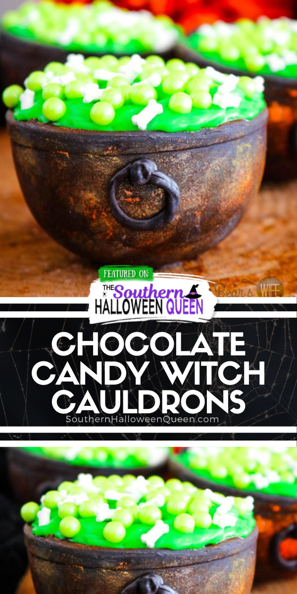 These Chocolate Candy Witch Cauldrons can hold all kinds of treats for your wicked little witches and warlocks! These cauldrons are filled with brownie bites, icing and topped with a witches brew of bone and bubble sprinkles!  via @southernhalloweenqueen