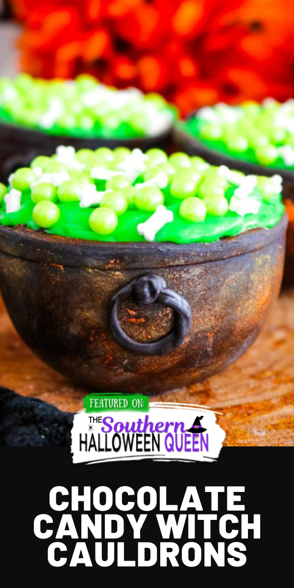 These Chocolate Candy Witch Cauldrons can hold all kinds of treats for your wicked little witches and warlocks! These cauldrons are filled with brownie bites, icing and topped with a witches brew of bone and bubble sprinkles!  via @southernhalloweenqueen