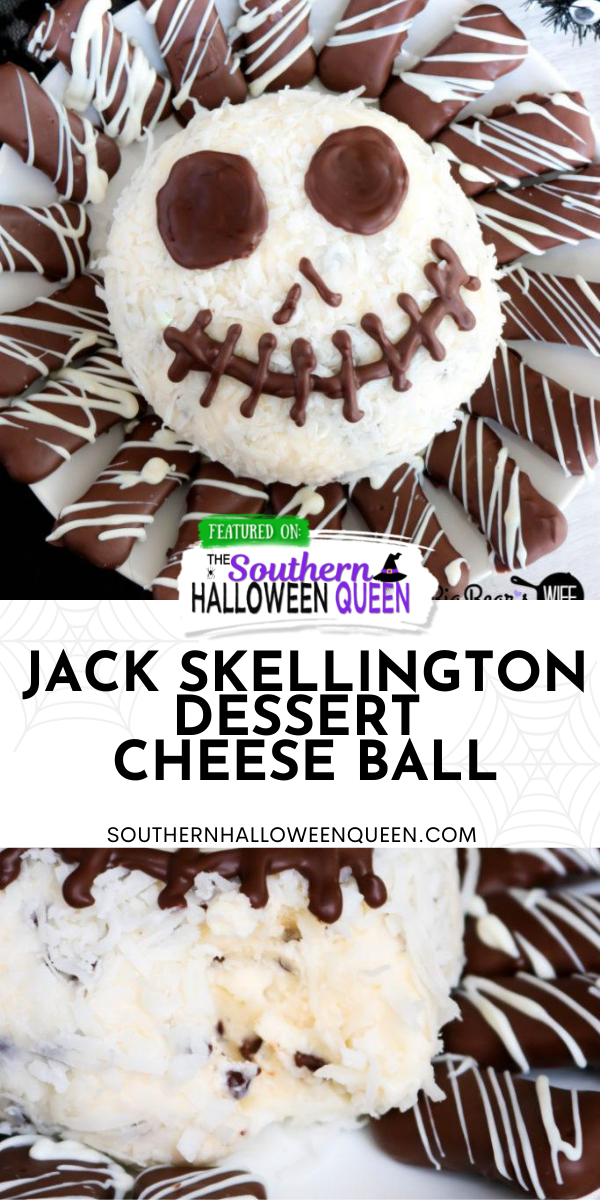 Jack Skellington Dessert Cheese Ball -  In love with The Nightmare Before Christmas and Dessert? Well this Jack Skellington Dessert Cheese Ball is for you! The Pumpkin King is transformed into a frightfully tasty cheese ball for the perfect Halloween party treat! via @southernhalloweenqueen