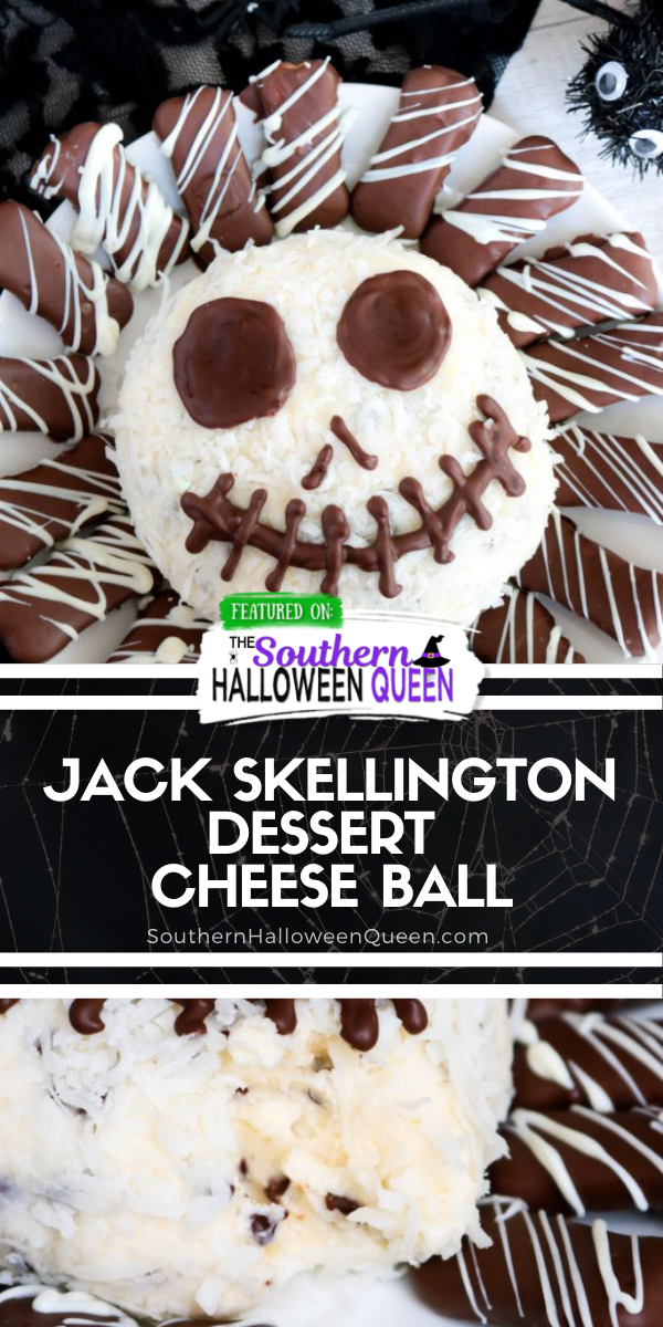 Jack Skellington Dessert Cheese Ball -  In love with The Nightmare Before Christmas and Dessert? Well this Jack Skellington Dessert Cheese Ball is for you! The Pumpkin King is transformed into a frightfully tasty cheese ball for the perfect Halloween party treat! via @southernhalloweenqueen