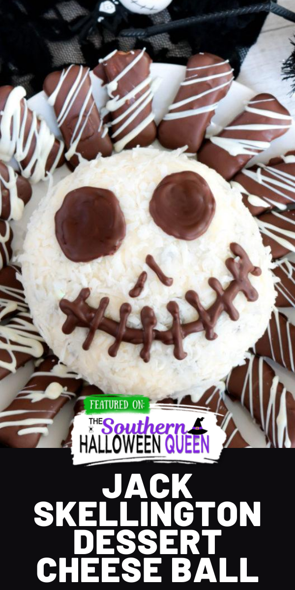 Jack Skellington Dessert Cheese Ball -  In love with The Nightmare Before Christmas and Dessert? Well this Jack Skellington Dessert Cheese Ball is for you! The Pumpkin King is transformed into a frightfully tasty cheese ball for the perfect Halloween party treat! via @southernhalloweenqueen