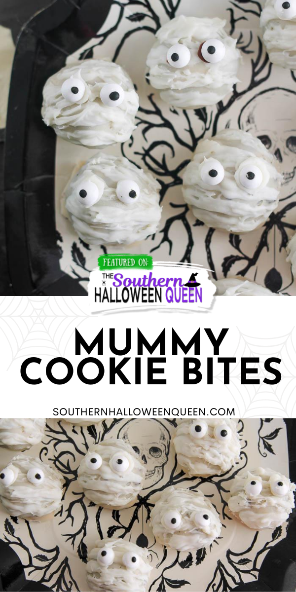 Mummy Cookie Bites - Whip up some of these super easy Mummy Cookie Bites for your Halloween party! Don't worry, you don't even have to turn the oven on for these tasty bites!! via @southernhalloweenqueen