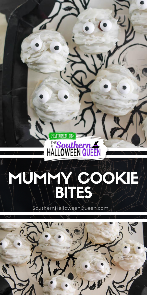 Mummy Cookie Bites - Whip up some of these super easy Mummy Cookie Bites for your Halloween party! Don't worry, you don't even have to turn the oven on for these tasty bites!! via @southernhalloweenqueen