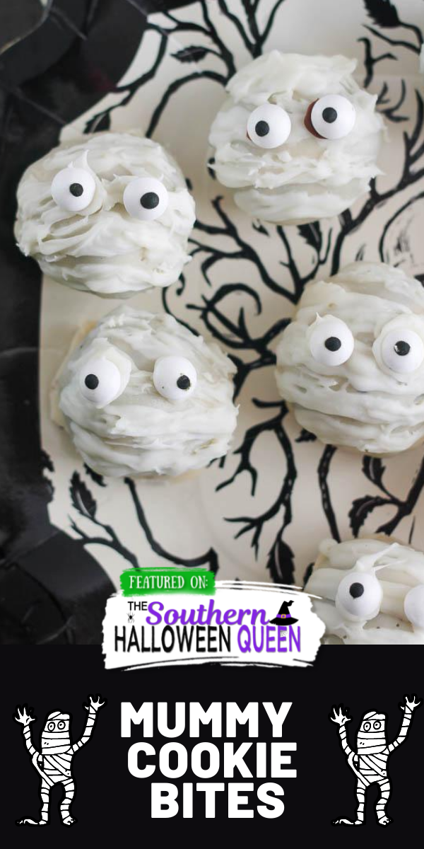 Mummy Cookie Bites - Whip up some of these super easy Mummy Cookie Bites for your Halloween party! Don't worry, you don't even have to turn the oven on for these tasty bites!! via @southernhalloweenqueen