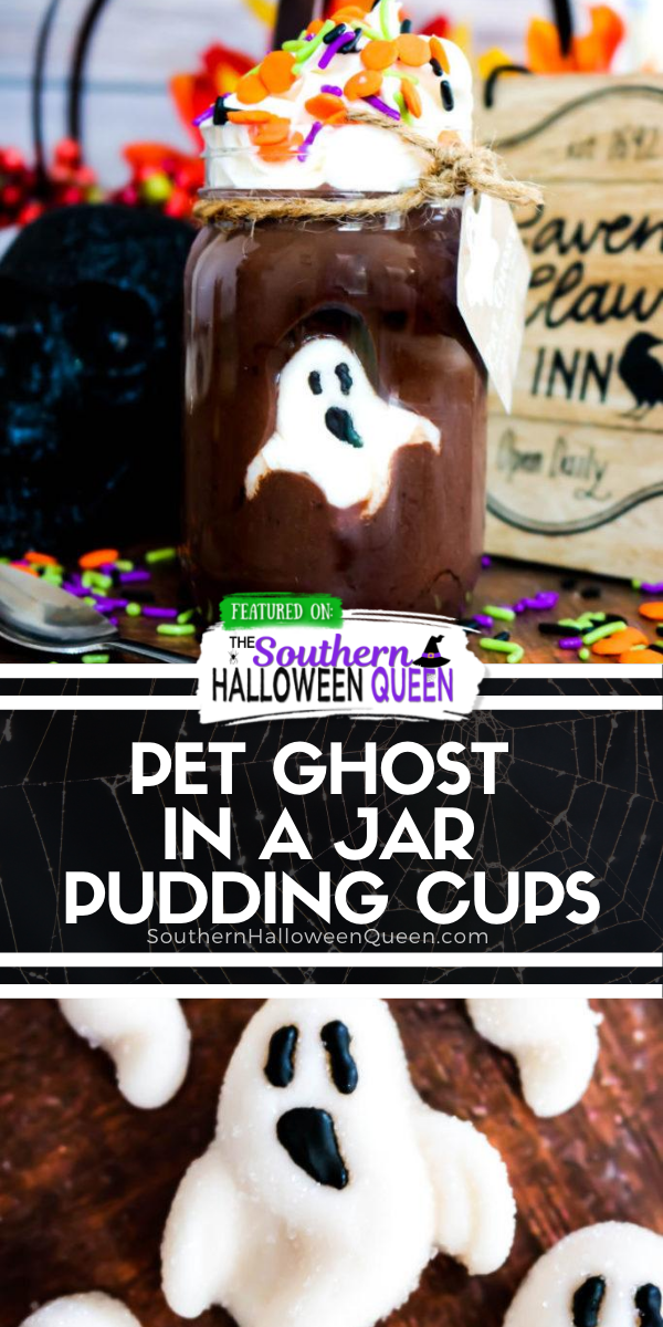 Pet Ghost in a Jar Pudding Cups - You better eat this dessert up fast before your pet ghost vanishes! These Pet Ghost in a Jar Pudding Cups have a friendly gummy ghost hiding in delicious chocolate pudding that makes the perfect Halloween treat! via @southernhalloweenqueen