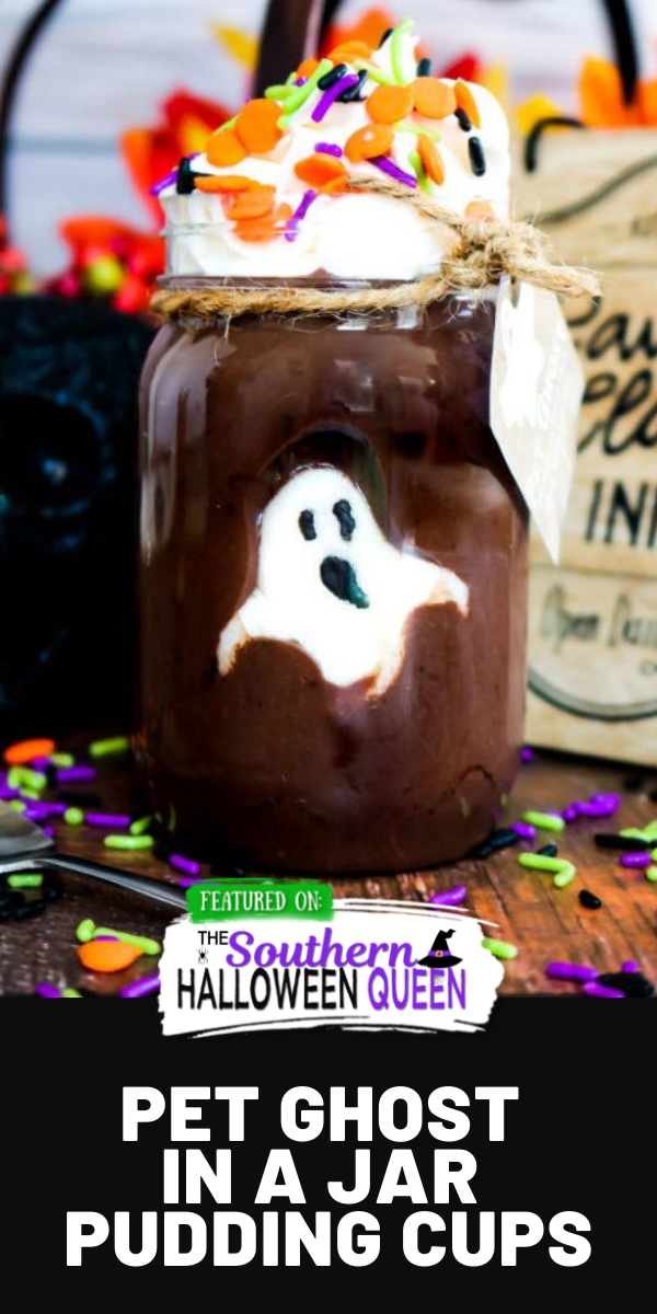 Pet Ghost in a Jar Pudding Cups - You better eat this dessert up fast before your pet ghost vanishes! These Pet Ghost in a Jar Pudding Cups have a friendly gummy ghost hiding in delicious chocolate pudding that makes the perfect Halloween treat! via @southernhalloweenqueen