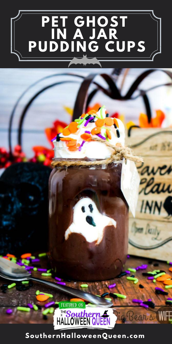 Pet Ghost in a Jar Pudding Cups - You better eat this dessert up fast before your pet ghost vanishes! These Pet Ghost in a Jar Pudding Cups have a friendly gummy ghost hiding in delicious chocolate pudding that makes the perfect Halloween treat! via @southernhalloweenqueen