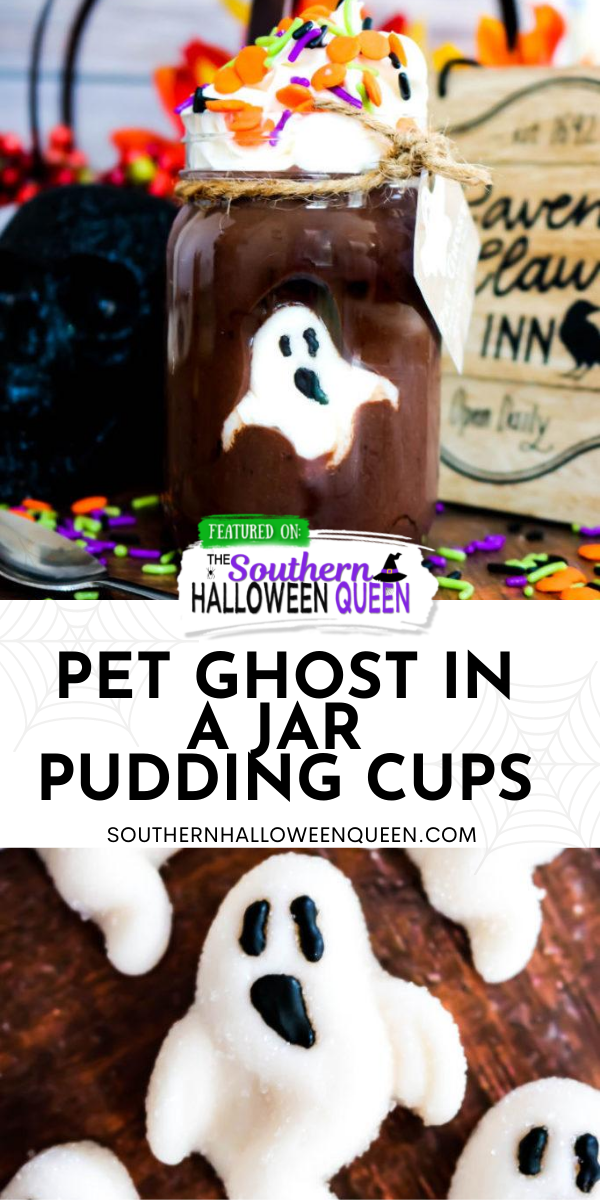 Pet Ghost in a Jar Pudding Cups - You better eat this dessert up fast before your pet ghost vanishes! These Pet Ghost in a Jar Pudding Cups have a friendly gummy ghost hiding in delicious chocolate pudding that makes the perfect Halloween treat! via @southernhalloweenqueen