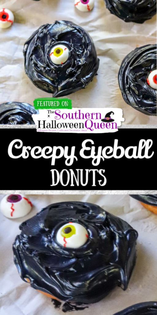 The vanilla donuts have been been given a Halloween makeover and transformed into Creepy Eyeball Donuts that are sure to keep an eye on your party guests! 