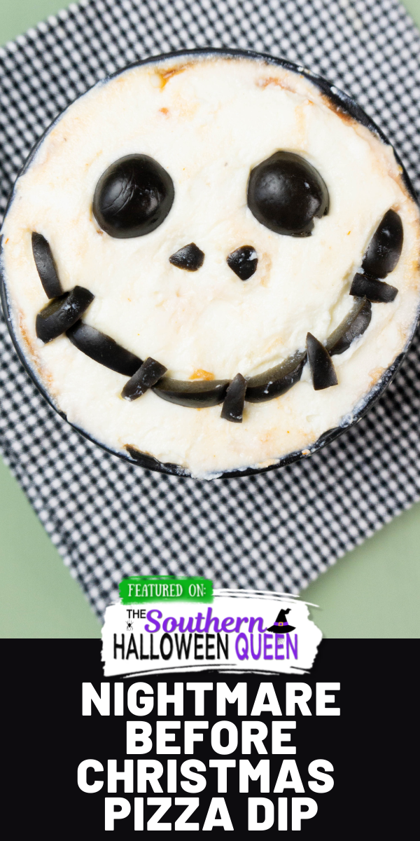 Pizza sauce, pepperoni, ricotta cheese and black olives make up this fun Nightmare Before Christmas Pizza Dip for Halloween or anytime of year! via @southernhalloweenqueen