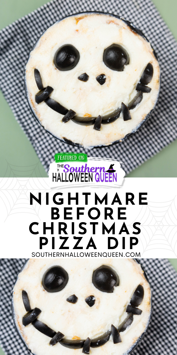 Pizza sauce, pepperoni, ricotta cheese and black olives make up this fun Nightmare Before Christmas Pizza Dip for Halloween or anytime of year! via @southernhalloweenqueen