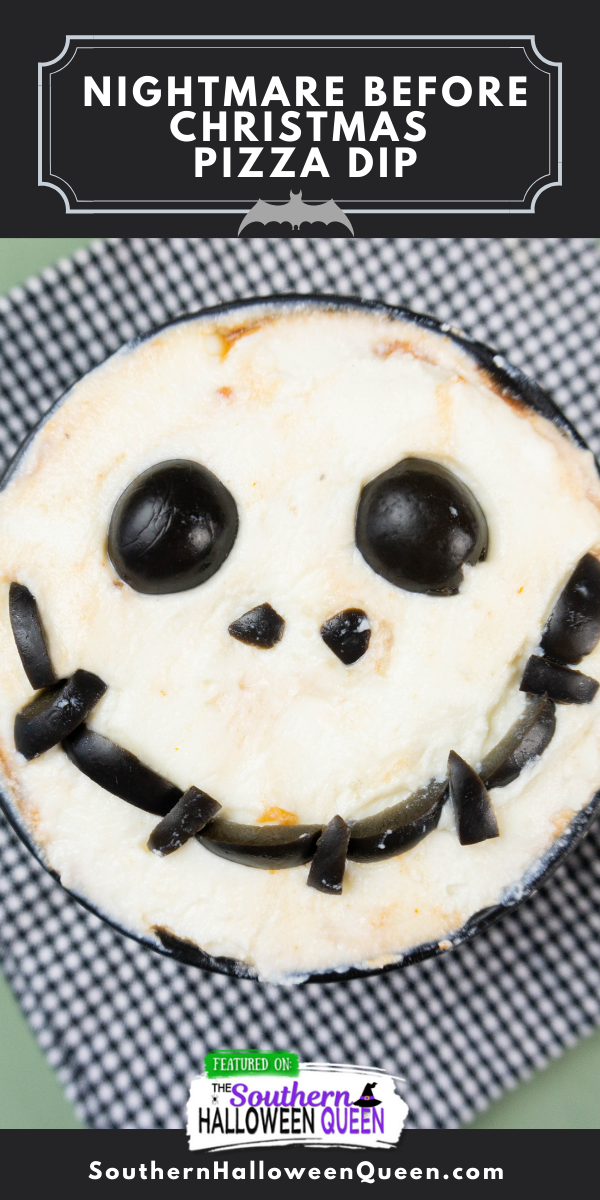 Pizza sauce, pepperoni, ricotta cheese and black olives make up this fun Nightmare Before Christmas Pizza Dip for Halloween or anytime of year! via @southernhalloweenqueen