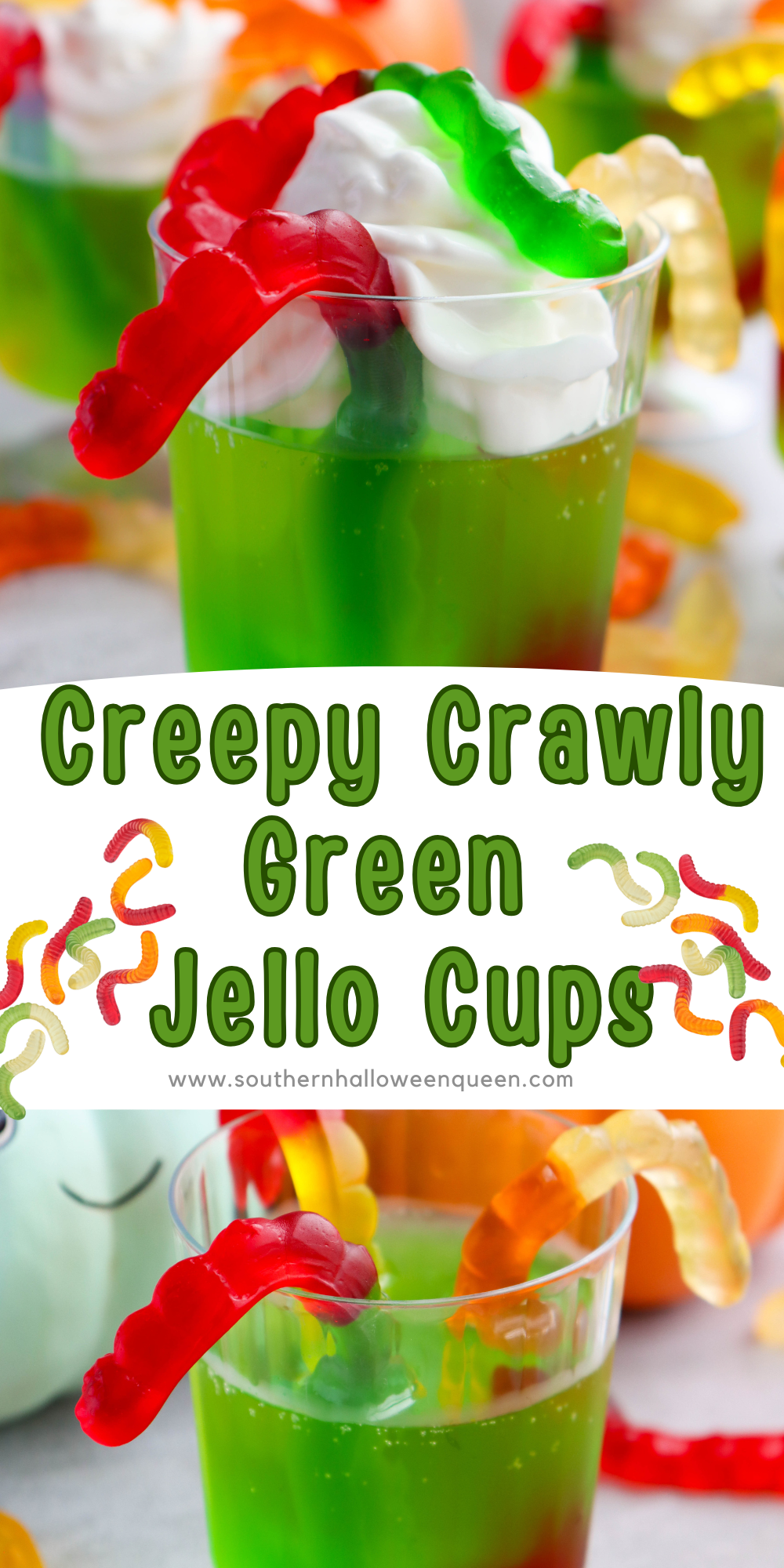 Wiggle, jiggle, and squirm — these Creepy Crawly Green Jell-O Cups are crawling with Halloween fun! Packed with gooey worms and ghostly green slime, they're a spook-tacular treat kids will love. So easy to make, it’s scary! via @southernhalloweenqueen