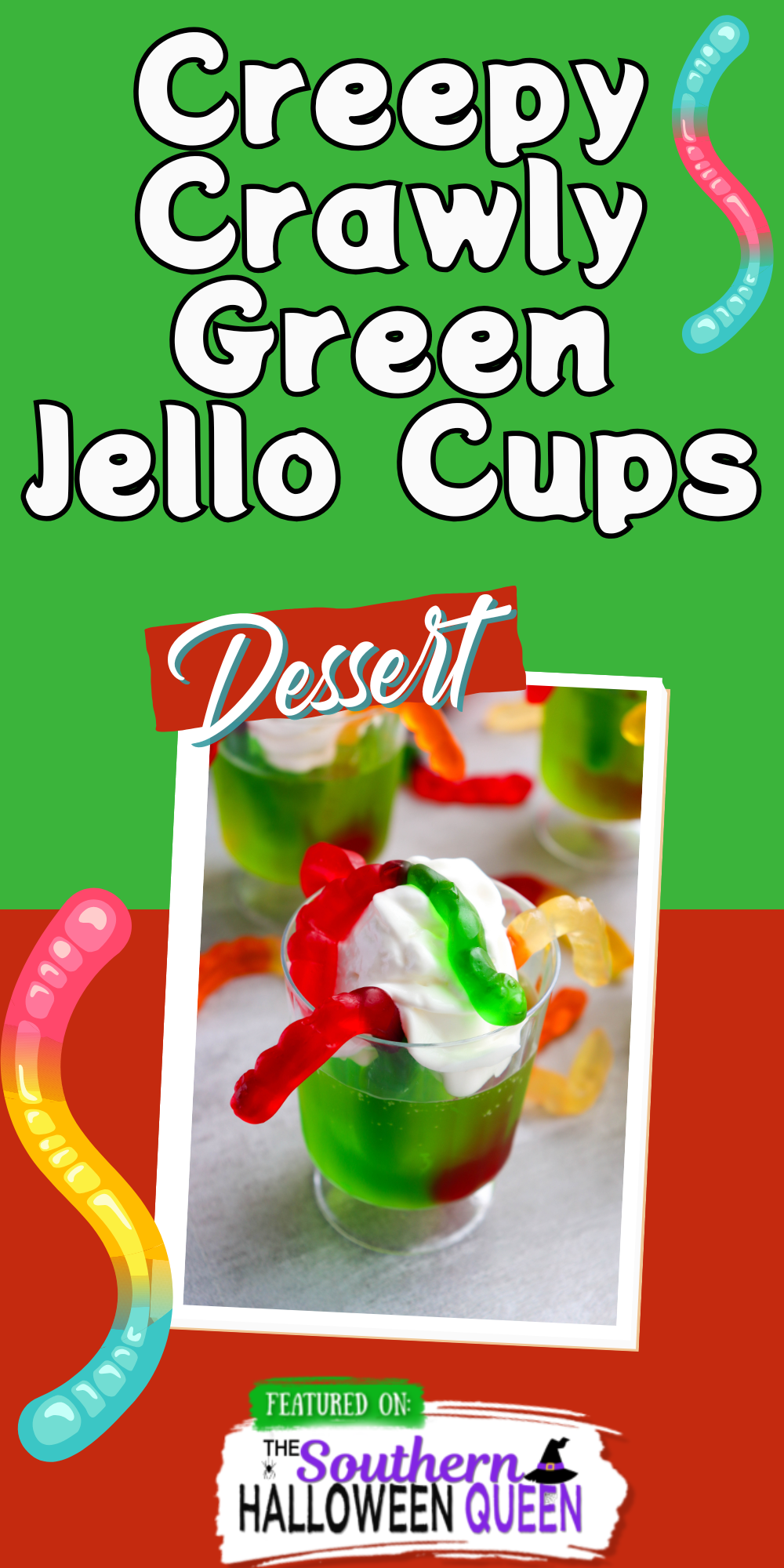 Wiggle, jiggle, and squirm — these Creepy Crawly Green Jell-O Cups are crawling with Halloween fun! Packed with gooey worms and ghostly green slime, they're a spook-tacular treat kids will love. So easy to make, it’s scary! via @southernhalloweenqueen