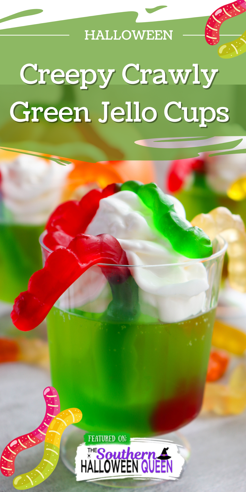 Make Halloween extra fun with these Creepy Crawly Green Jell-O Cups! A kid-friendly recipe featuring green Jell-O, whipped cream, and gummy worms—perfect for spooky parties and classroom treats. via @southernhalloweenqueen