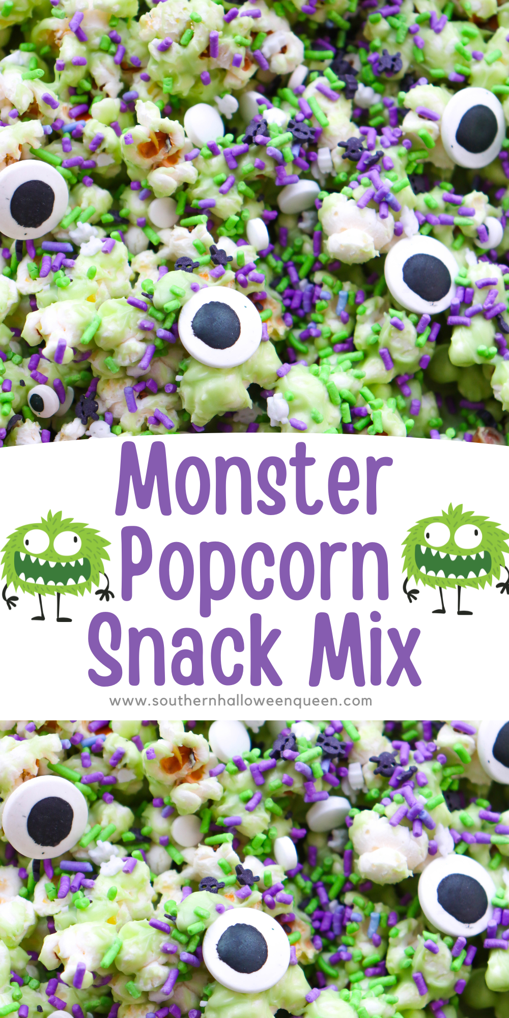 Monsters have never tasted so sweet! This ghoulishly green Monster Popcorn Snack Mix is packed with eyeballs, sprinkles, and spooky charm. Perfect for parties, movie nights, or snacking while haunting the neighborhood! via @southernhalloweenqueen