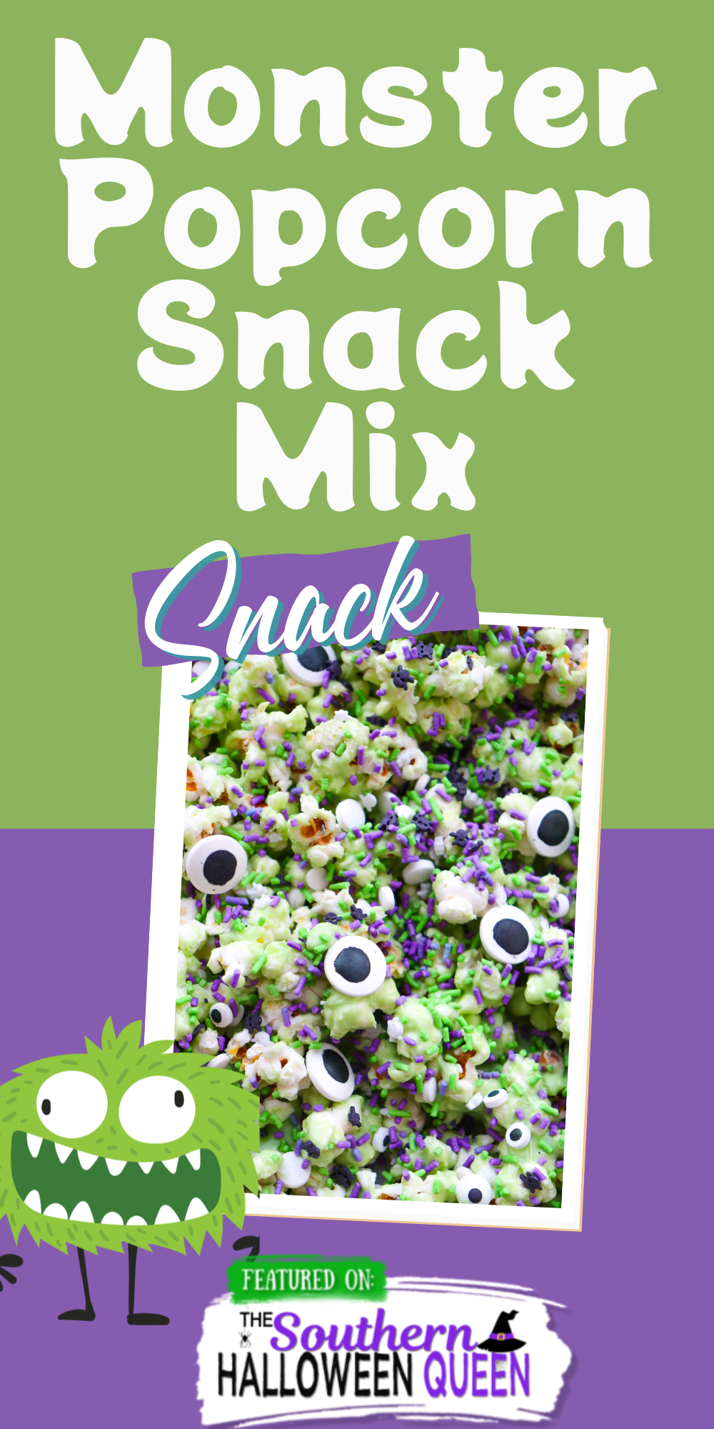 Monsters have never tasted so sweet! This ghoulishly green Monster Popcorn Snack Mix is packed with eyeballs, sprinkles, and spooky charm. Perfect for parties, movie nights, or snacking while haunting the neighborhood! via @southernhalloweenqueen
