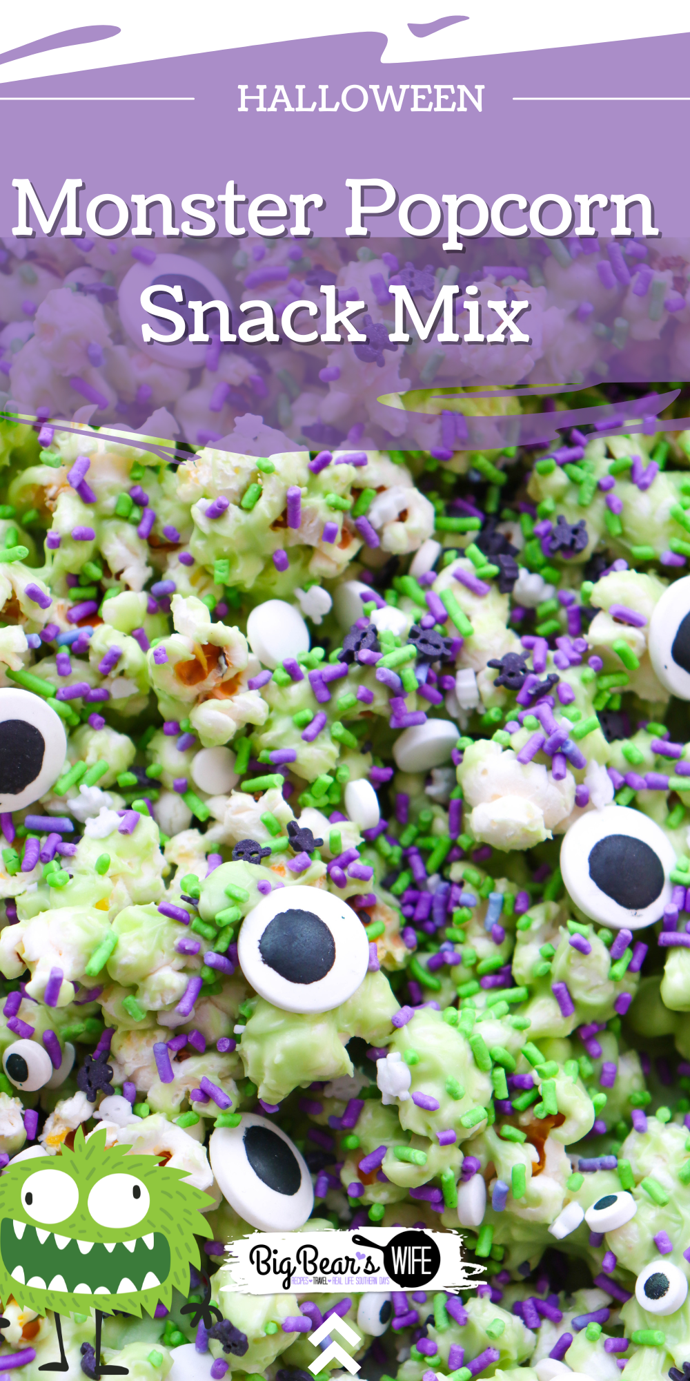 Monsters have never tasted so sweet! This ghoulishly green Monster Popcorn Snack Mix is packed with eyeballs, sprinkles, and spooky charm. Perfect for parties, movie nights, or snacking while haunting the neighborhood! via @southernhalloweenqueen