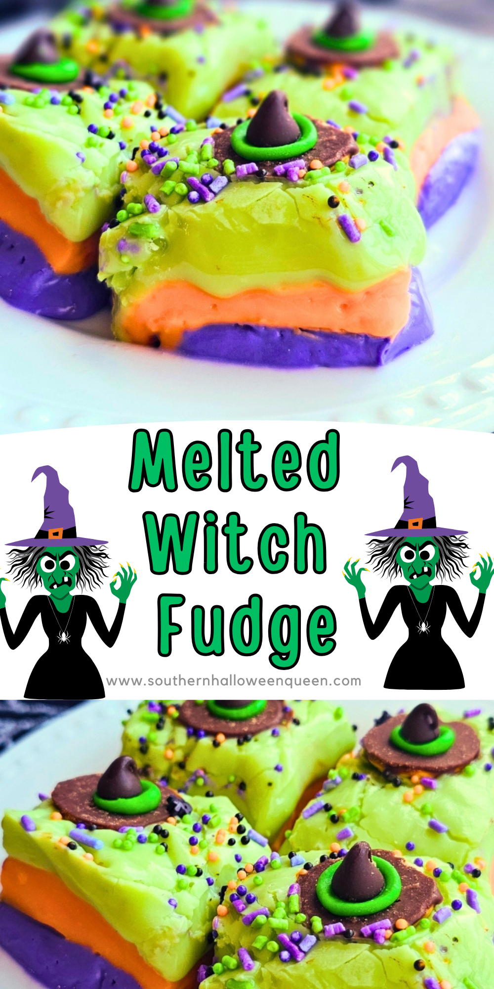 Whip up some Halloween magic with this Melted Witch Fudge. Layers of colorful green, orange, and purple fudge topped with sprinkles and mini witch hats make this easy no-bake treat a spooky party favorite. Perfect for kids and Halloween dessert tables. via @southernhalloweenqueen