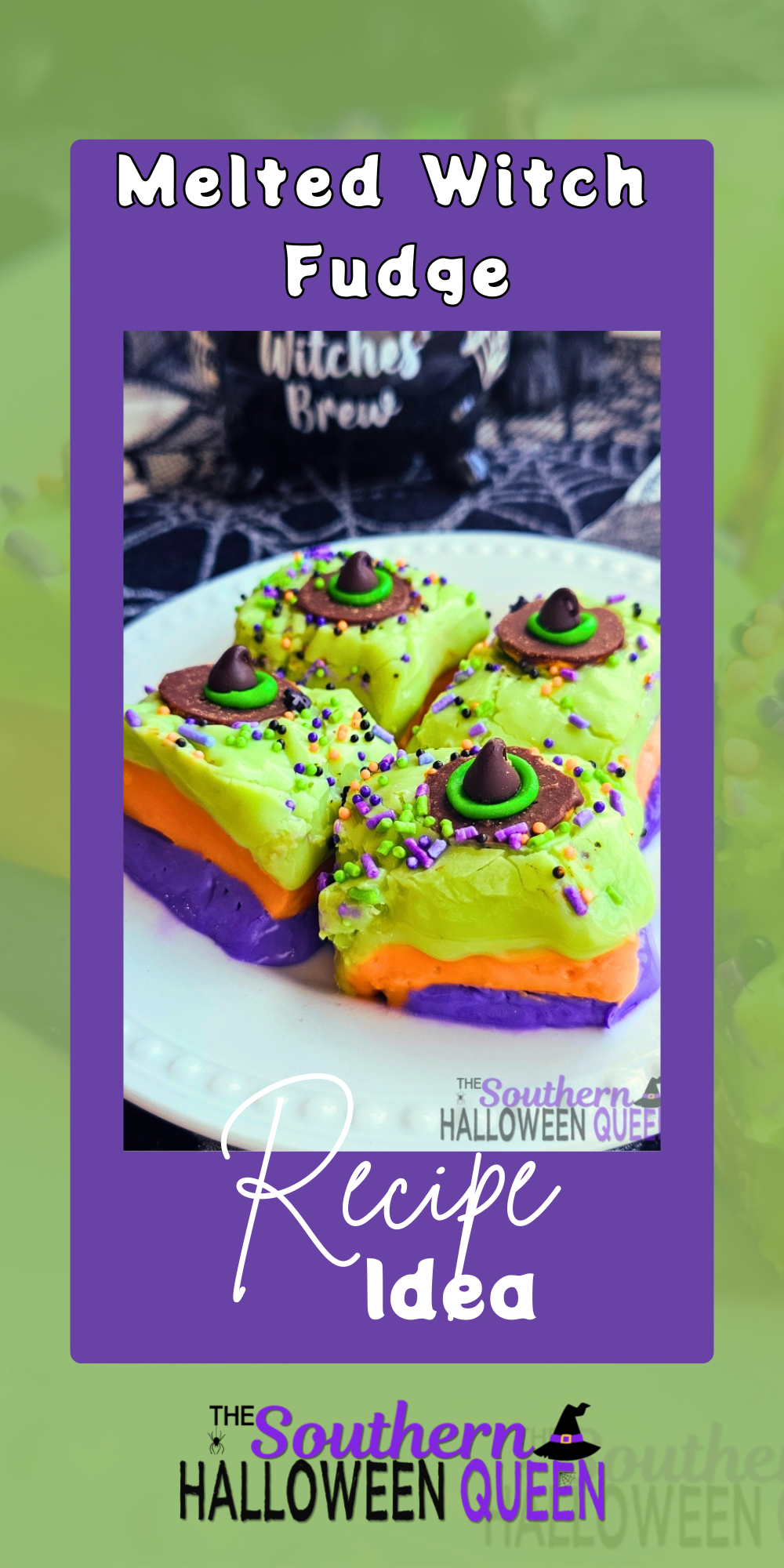 Whip up some Halloween magic with this Melted Witch Fudge. Layers of colorful green, orange, and purple fudge topped with sprinkles and mini witch hats make this easy no-bake treat a spooky party favorite. Perfect for kids and Halloween dessert tables. via @southernhalloweenqueen