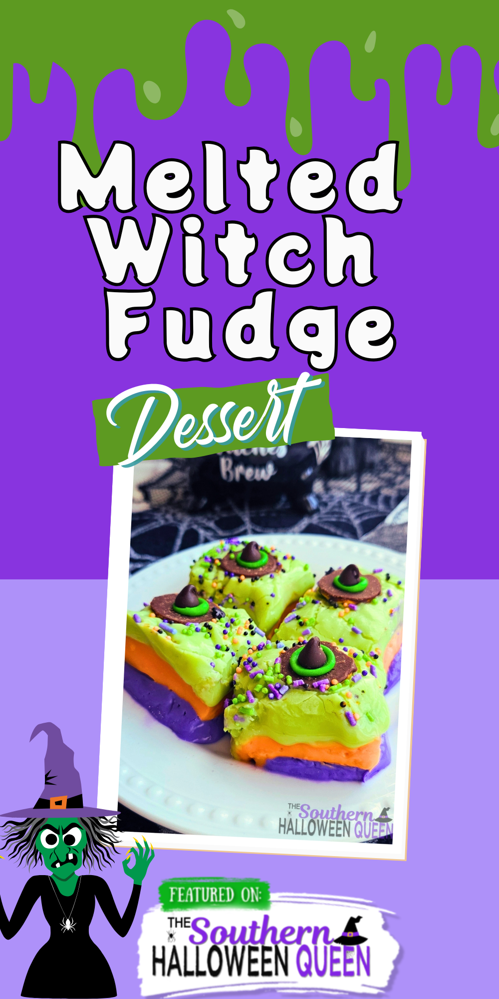 Whip up some Halloween magic with this Melted Witch Fudge. Layers of colorful green, orange, and purple fudge topped with sprinkles and mini witch hats make this easy no-bake treat a spooky party favorite. Perfect for kids and Halloween dessert tables. via @southernhalloweenqueen