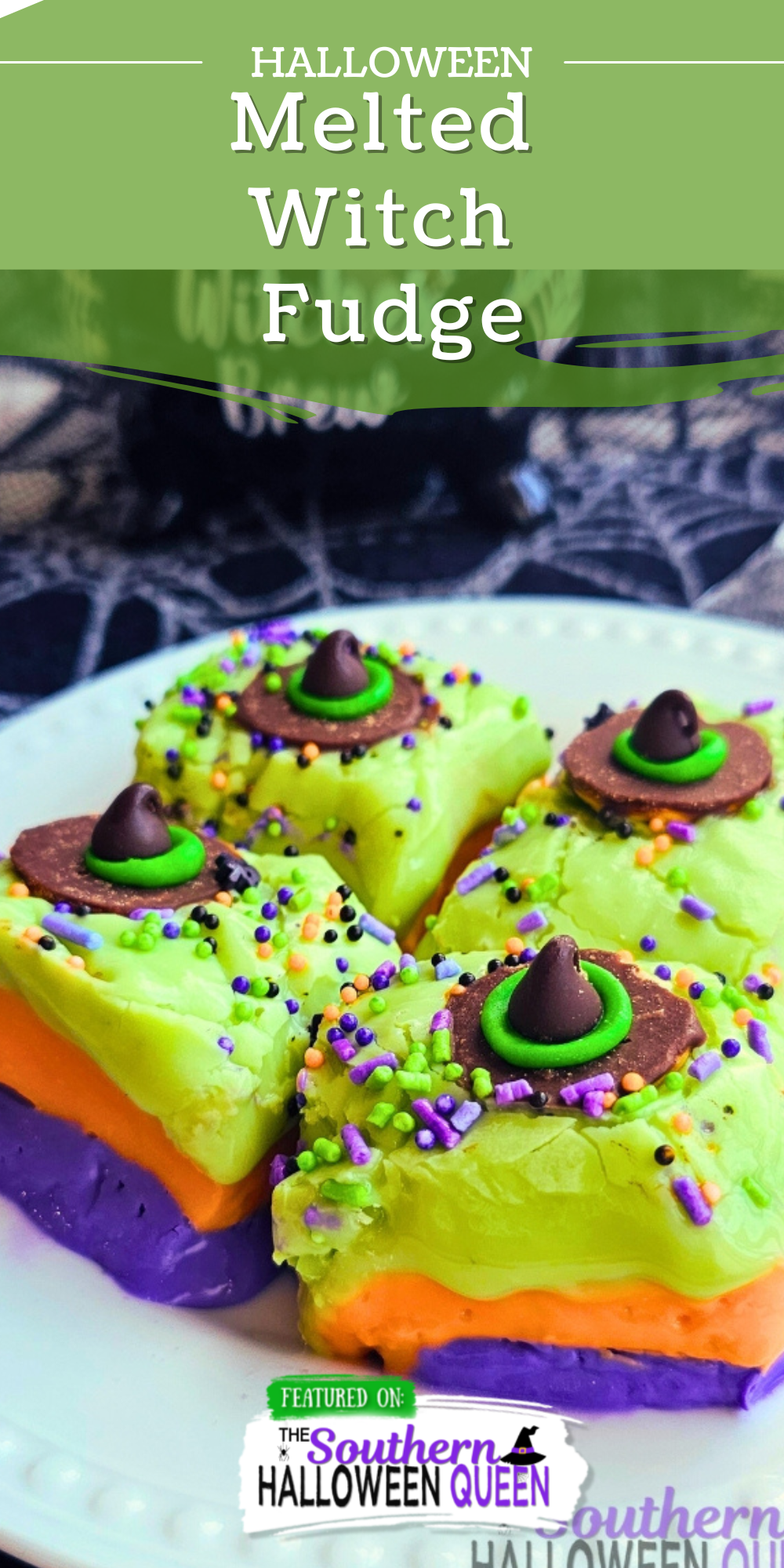 Whip up some Halloween magic with this Melted Witch Fudge. Layers of colorful green, orange, and purple fudge topped with sprinkles and mini witch hats make this easy no-bake treat a spooky party favorite. Perfect for kids and Halloween dessert tables. via @southernhalloweenqueen