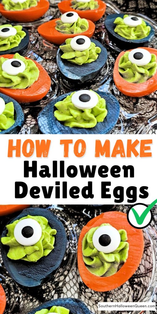 These Halloween Deviled Eggs are a spooky twist on the classic appetizer! Brightly dyed orange and black eggs filled with green yolk “slime” and candy eyeballs make the perfect creepy-cute party snack. These Halloween Deviled Eggs are a spooky twist on the classic appetizer! Brightly dyed orange and black eggs filled with green yolk “slime” and candy eyeballs make the perfect creepy-cute party snack.