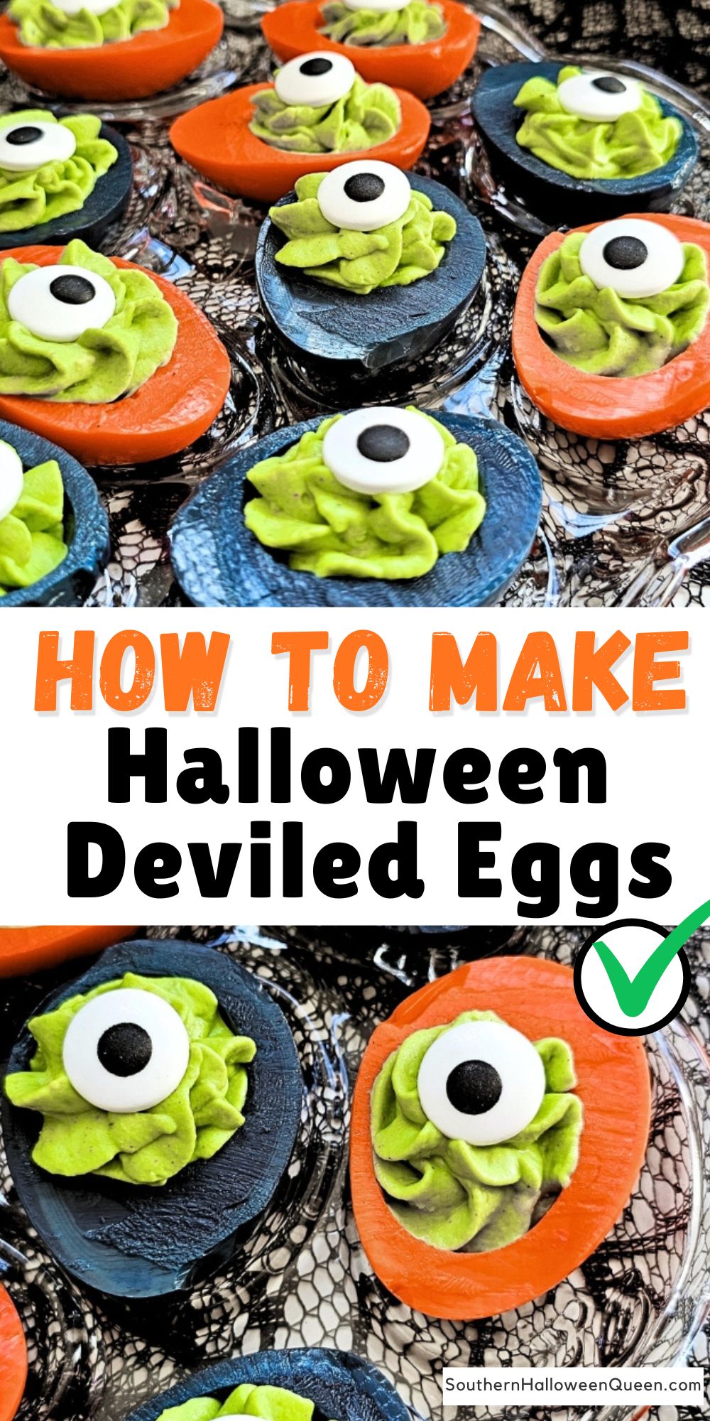 These Halloween Deviled Eggs are a spooky twist on the classic appetizer! Brightly dyed orange and black eggs filled with green yolk “slime” and candy eyeballs make the perfect creepy-cute party snack. These Halloween Deviled Eggs are a spooky twist on the classic appetizer! Brightly dyed orange and black eggs filled with green yolk “slime” and candy eyeballs make the perfect creepy-cute party snack. via @southernhalloweenqueen