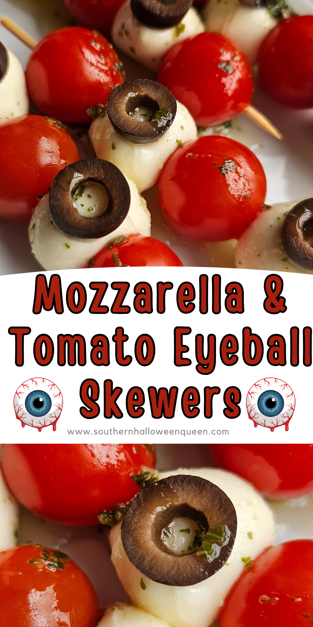 Looking for a fun Halloween appetizer that’s not packed with sugar? These Tomato and Mozzarella Eyeball Skewers are a spooky, savory twist made with cherry tomatoes, marinated mozzarella balls, and black olives. Fresh, easy, and frightfully festive! via @southernhalloweenqueen