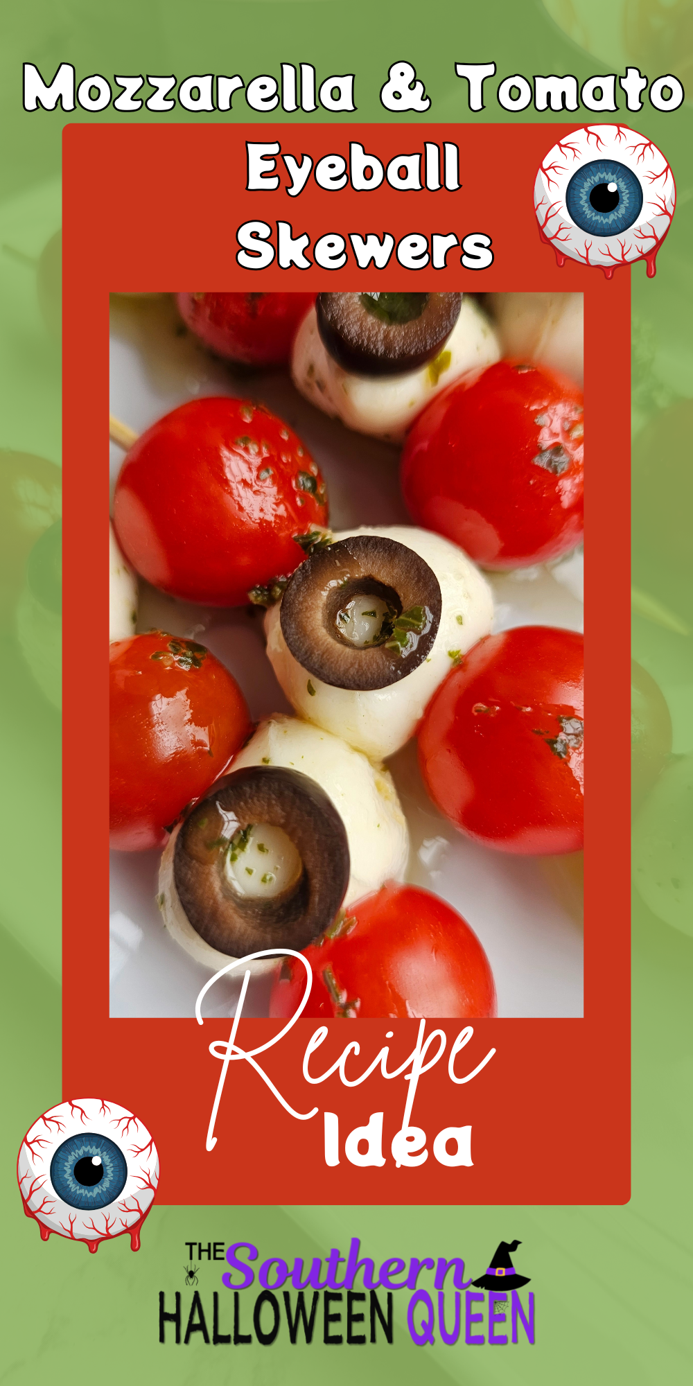 Looking for a fun Halloween appetizer that’s not packed with sugar? These Tomato and Mozzarella Eyeball Skewers are a spooky, savory twist made with cherry tomatoes, marinated mozzarella balls, and black olives. Fresh, easy, and frightfully festive! via @southernhalloweenqueen