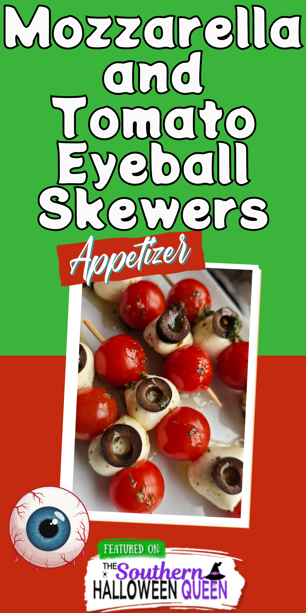 Looking for a fun Halloween appetizer that’s not packed with sugar? These Tomato and Mozzarella Eyeball Skewers are a spooky, savory twist made with cherry tomatoes, marinated mozzarella balls, and black olives. Fresh, easy, and frightfully festive! via @southernhalloweenqueen