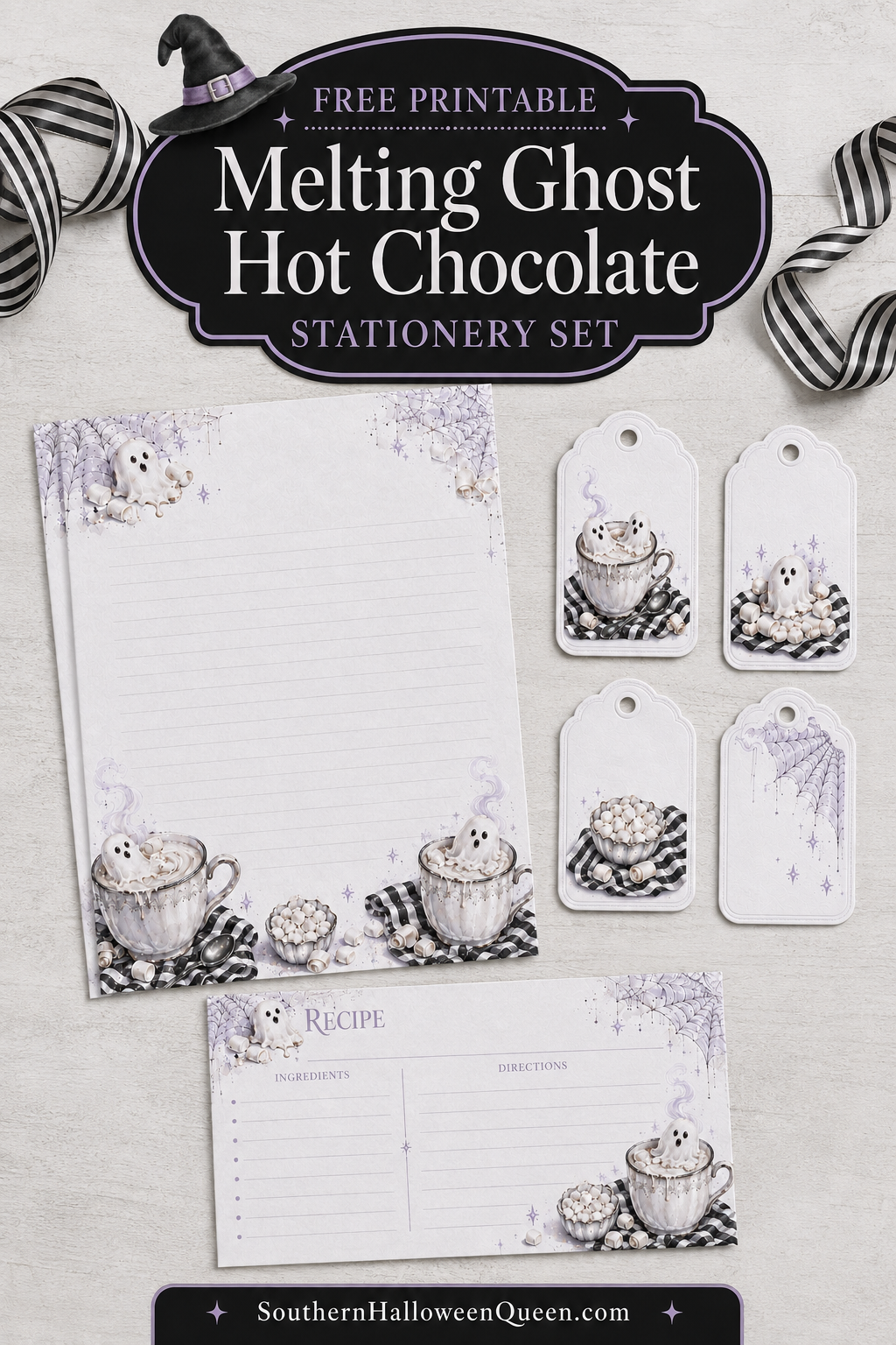 Download a free printable Ghost Hot Chocolate stationery set that is perfect for Halloween, based on my Ghost Hot Chocolate recipe! This Ghost Hot Chocolate Stationery set&nbsp;features melting marshmallow ghosts, recipe cards, labels, note cards, and gift tags. via @southernhalloweenqueen