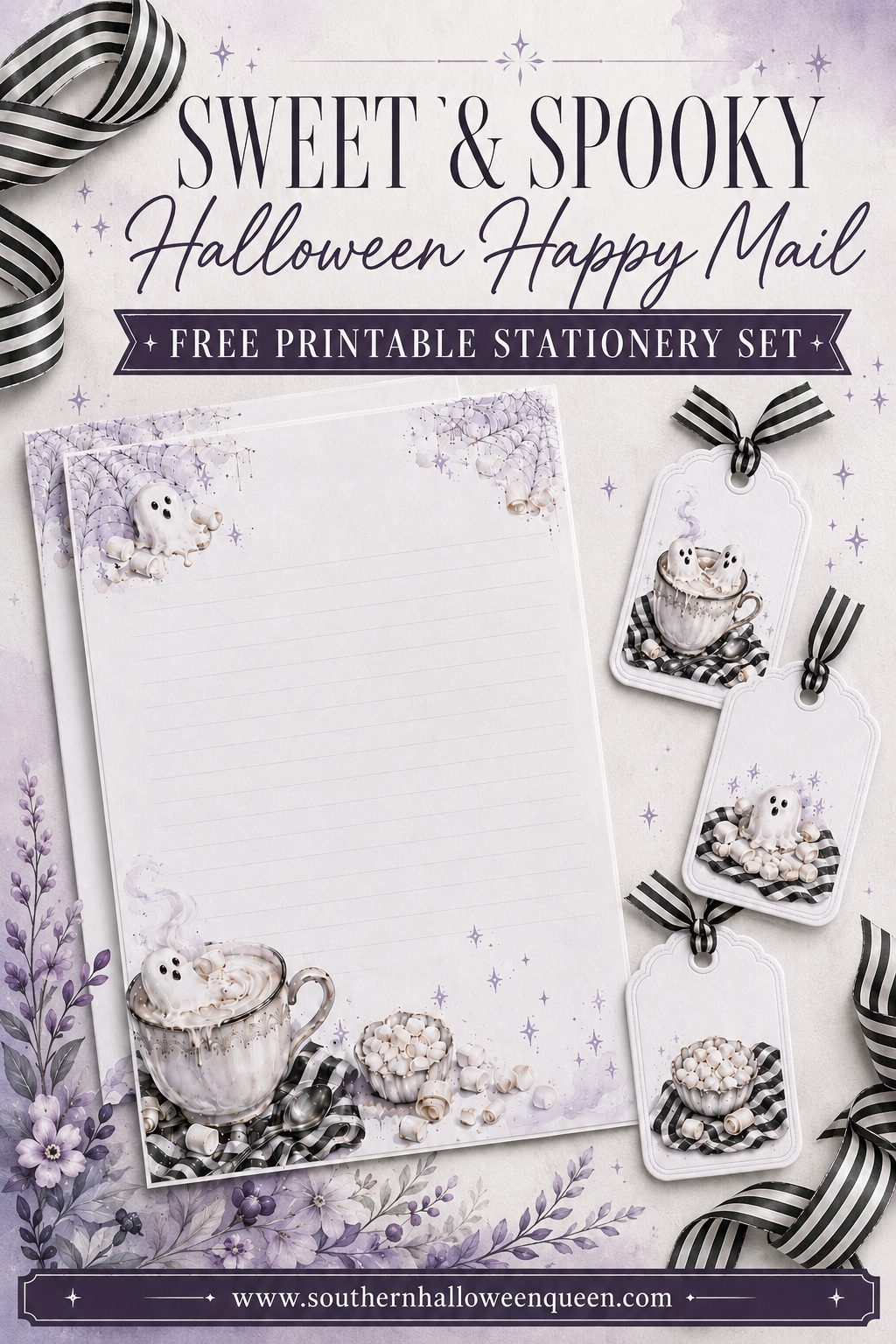 Download a free printable Ghost Hot Chocolate stationery set that is perfect for Halloween, based on my Ghost Hot Chocolate recipe! This Ghost Hot Chocolate Stationery set features melting marshmallow ghosts, recipe cards, labels, note cards, and gift tags. via @southernhalloweenqueen