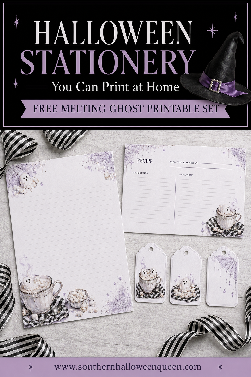 Download a free printable Ghost Hot Chocolate stationery set that is perfect for Halloween, based on my Ghost Hot Chocolate recipe! This Ghost Hot Chocolate Stationery set features melting marshmallow ghosts, recipe cards, labels, note cards, and gift tags. via @southernhalloweenqueen