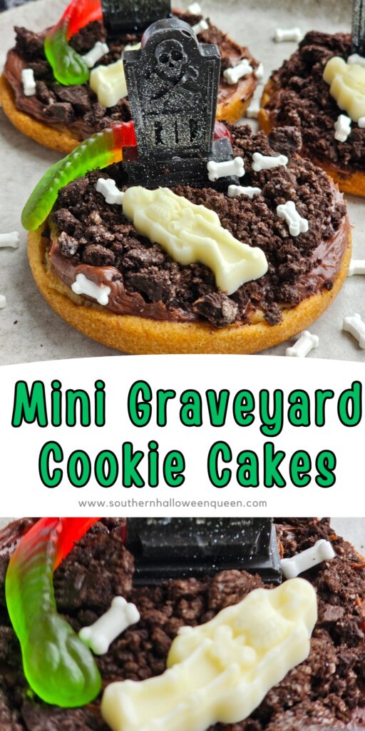 These Mini Graveyard Cookie Cakes turn refrigerated chocolate-chip cookie dough into little Halloween graveyards! Each cookie cake gets a layer of chocolate frosting, crushed Oreo “dirt,” and chocolate tombstones for the graveyard and white chocolate skeletons, plus a gummy worm!