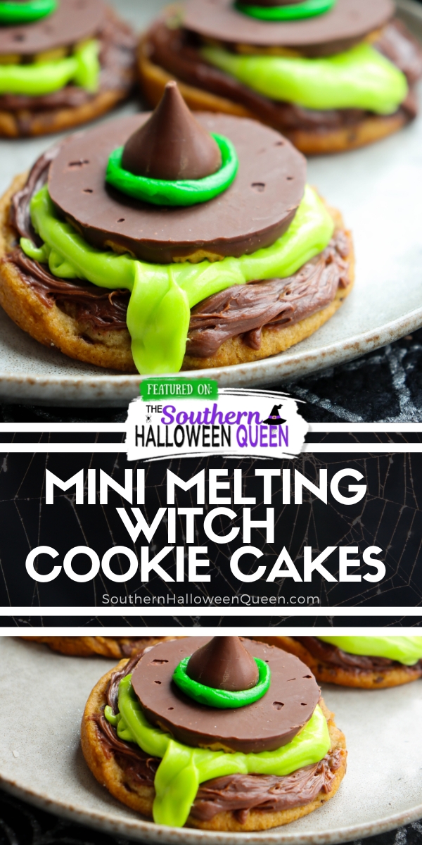 These Mini Melting Witch Cookie Cakes start with soft chocolate chip cookies and get topped with chocolate frosting, green cream cheese icing, and little cookie witch hats. The green icing peeking out beneath each hat makes them look like a witch has melted right onto the cookie! via @southernhalloweenqueen